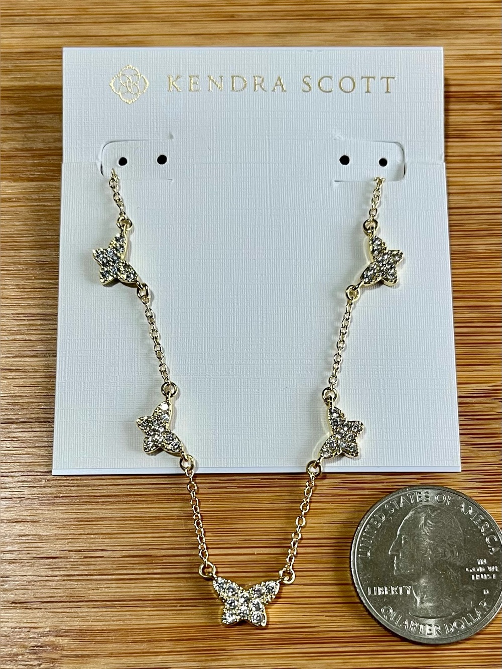 Kendra Scott Lillia Gold Tone Clear White Crystal CZ Butterfly Charm Necklace